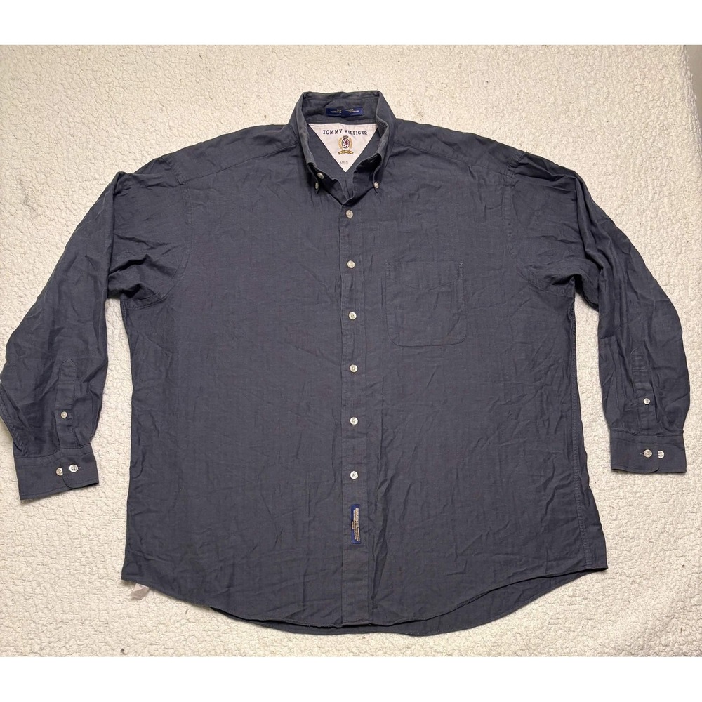Vintage Tommy Hilfiger Mens Button Down Shirt 17.5 Blue Herringbone 90s HK